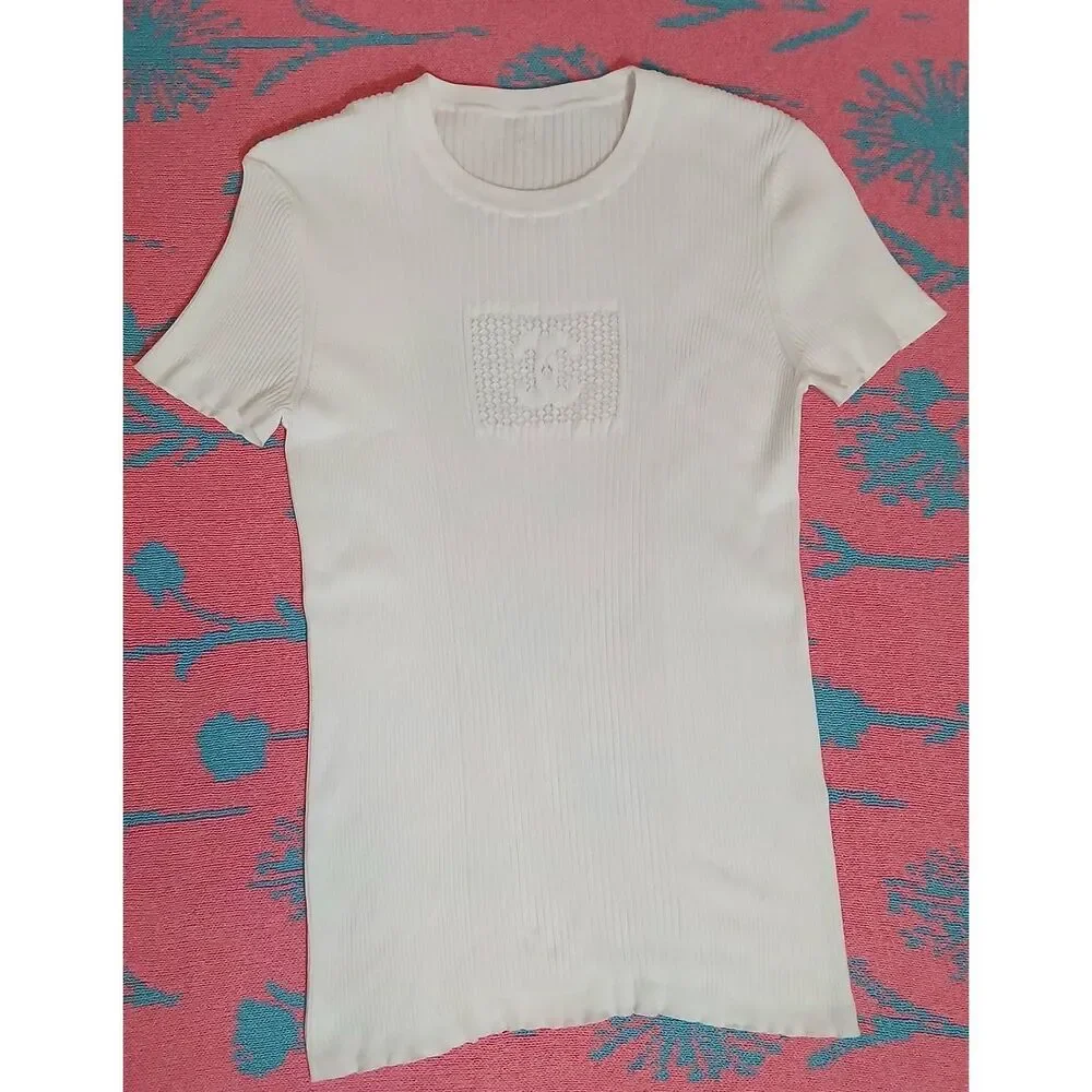 Chanel womens small white top ribbed stretch 100% authentic Short Sleeve